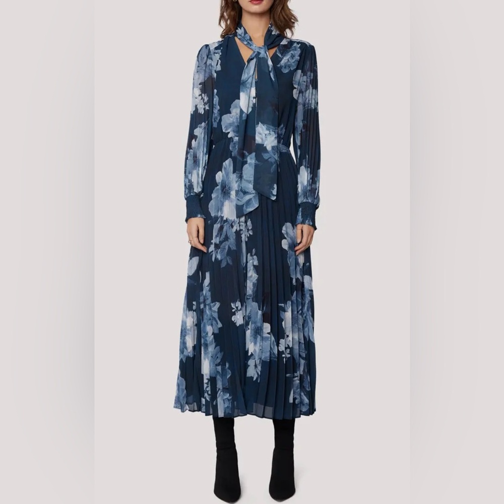 EUC Floral Pleated Tie Neck Long Sleeve Dress Size XS